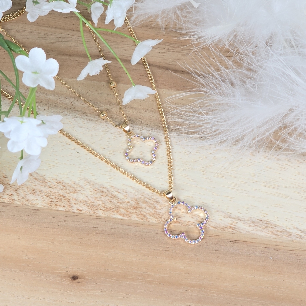 Designer Inspired Fashion Clover Layered Goldtone CZ Iridescent Pendant Necklace